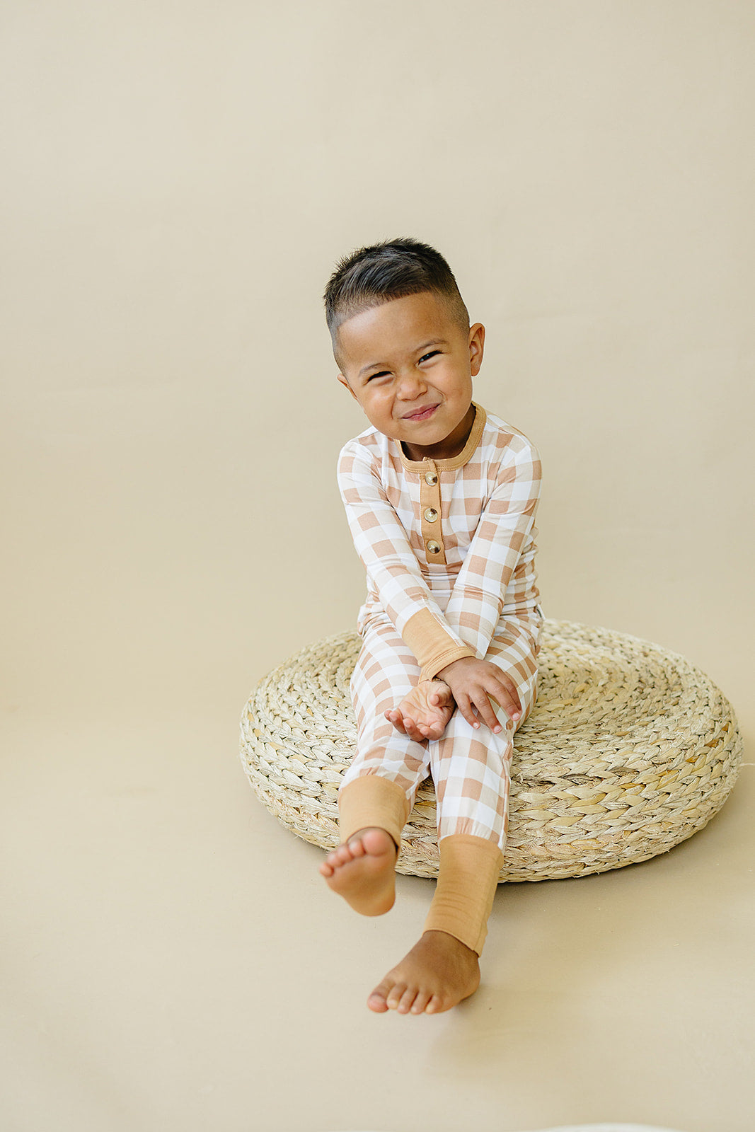 Golden Gingham 2pc Henley Bamboo Pajamas - Ivory Soul