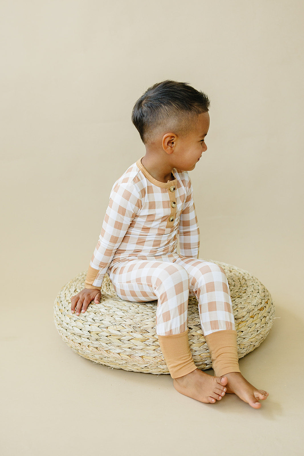 Golden Gingham 2pc Henley Bamboo Pajamas - Ivory Soul