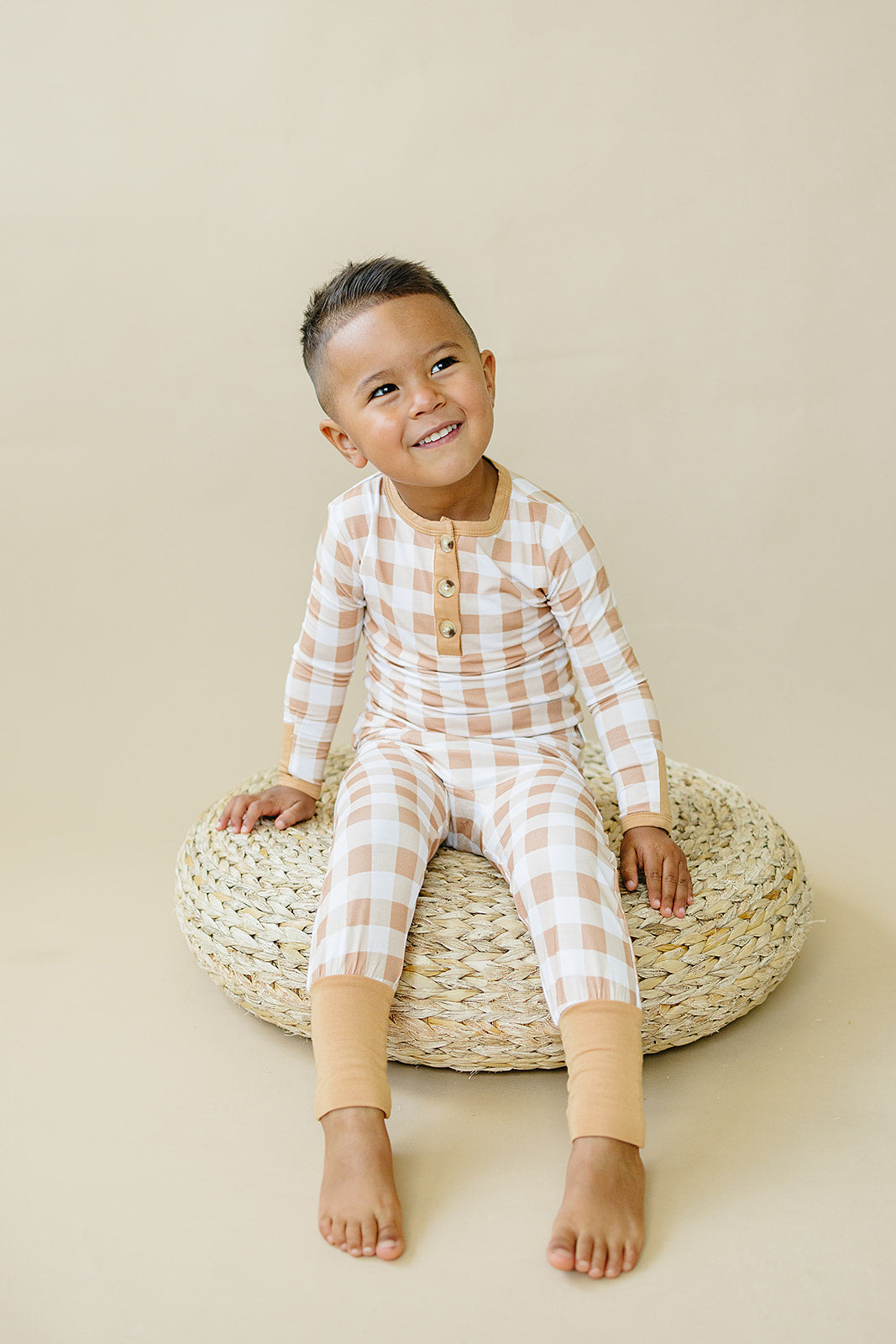 Golden Gingham 2pc Henley Bamboo Pajamas - Ivory Soul