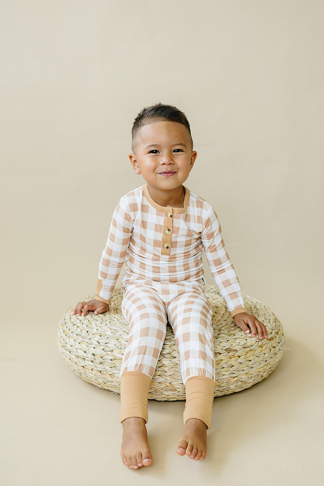 Golden Gingham 2pc Henley Bamboo Pajamas - Ivory Soul