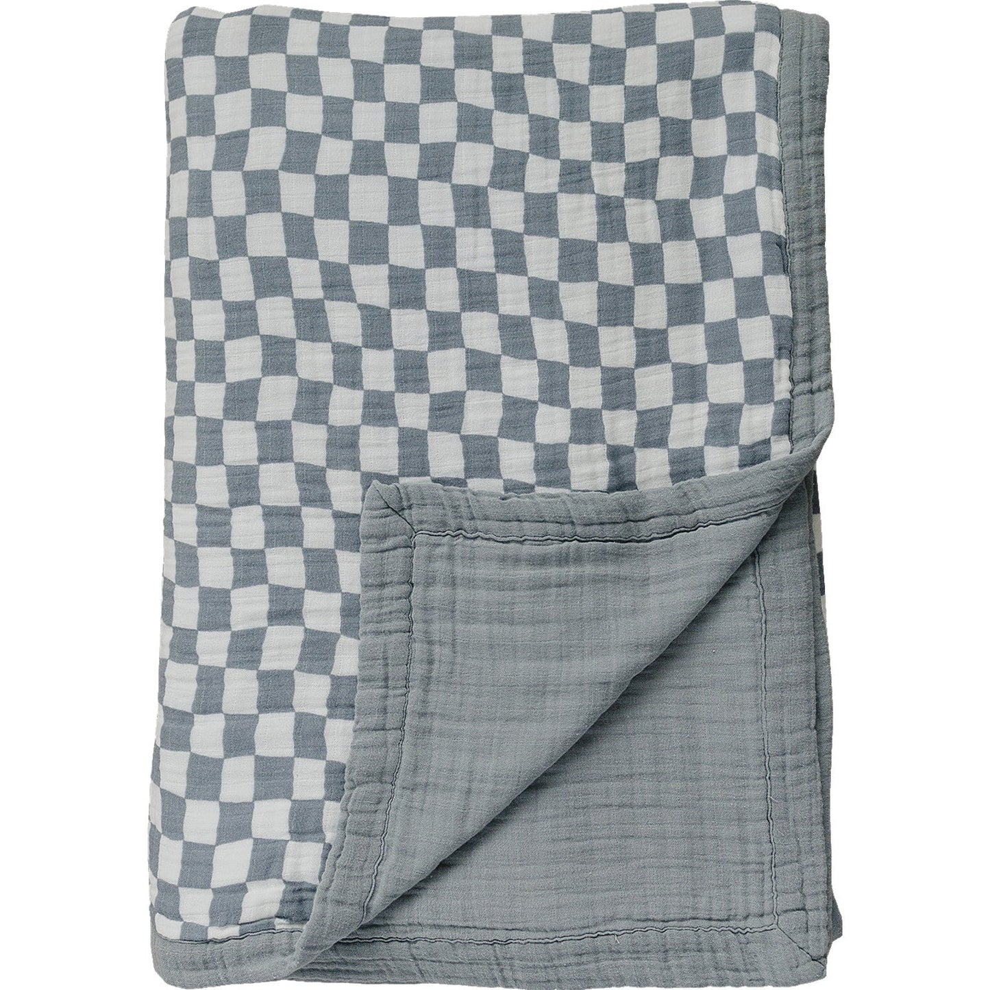 Dusty Blue Wavy Checkered Twin Muslin Quilt - Ivory Soul