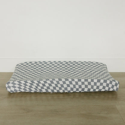 Dusty Blue Wavy Checkered Muslin Changing Pad Cover - Ivory Soul