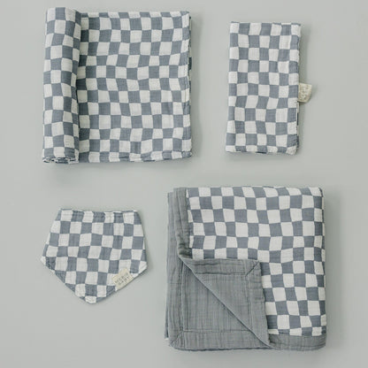 Dusty Blue Wavy Checkered Muslin Burp Cloth - Ivory Soul