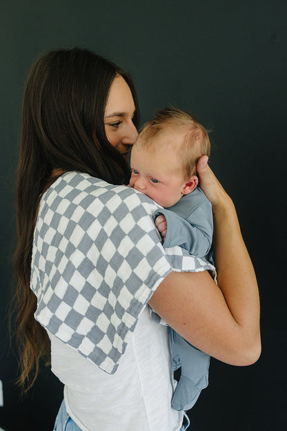 Dusty Blue Wavy Checkered Muslin Burp Cloth - Ivory Soul