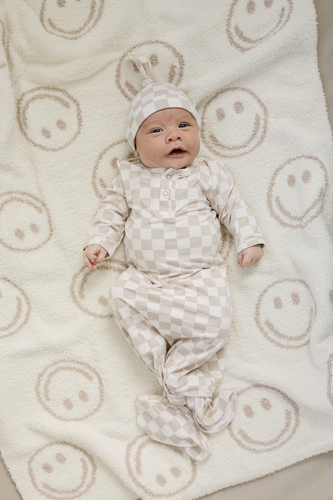 Taupe Checkered Bamboo Newborn Knot Hat - Ivory Soul