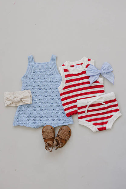 blue knit tank romper