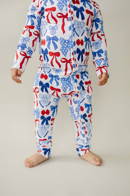 bamboo zip romper  | red-white + bows