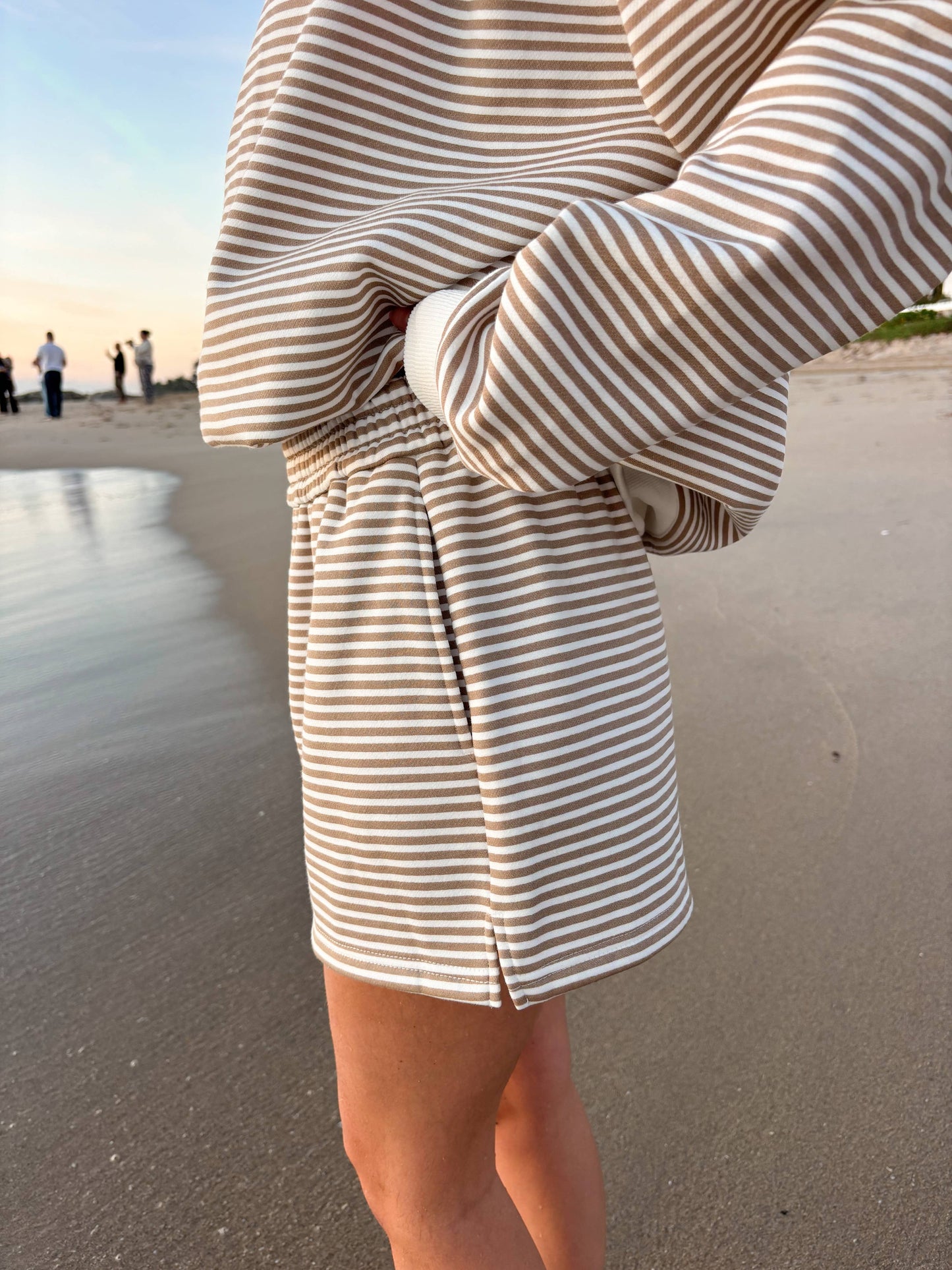 brown + white big striped shorts