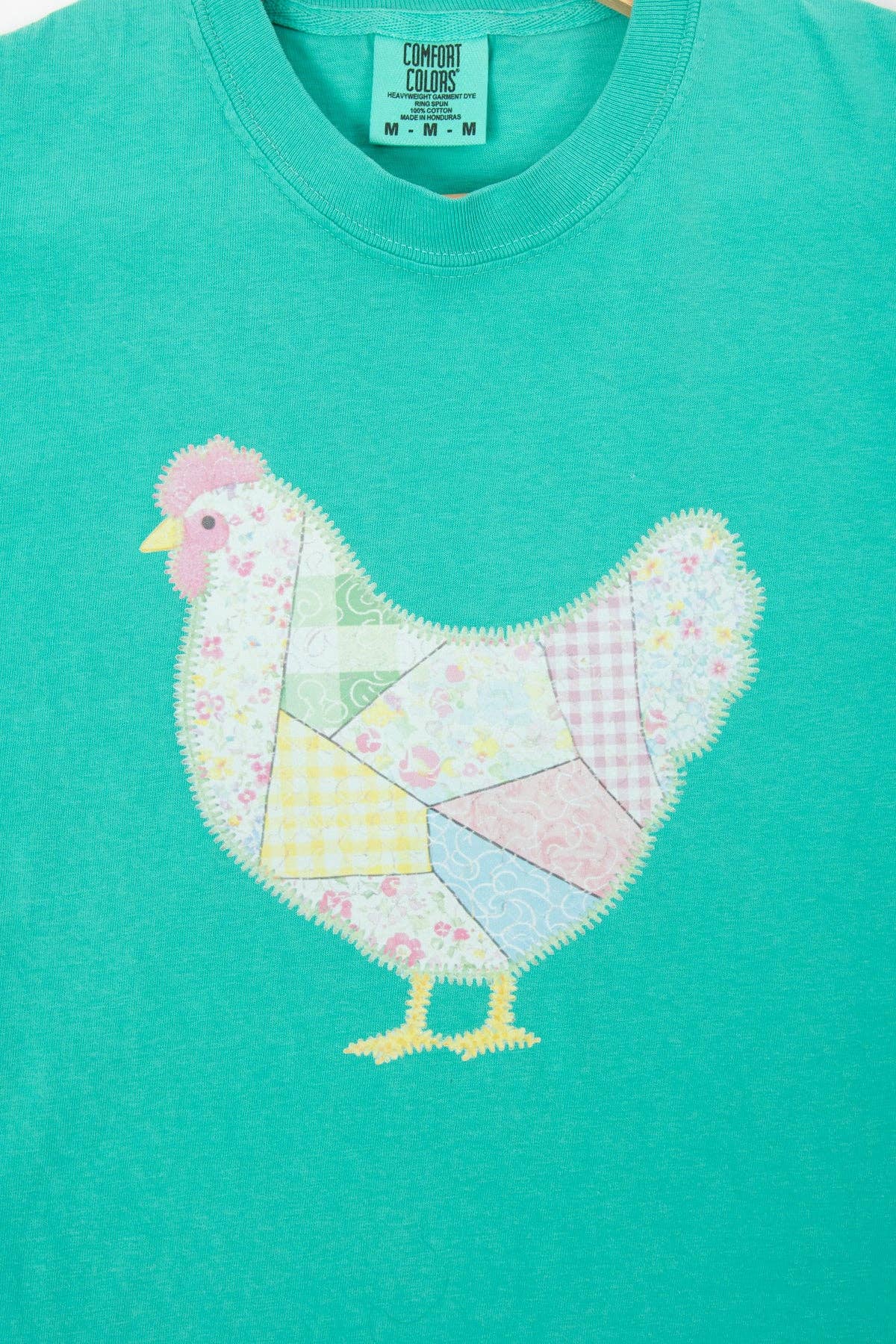 spring patchwork chicken green graphic tee