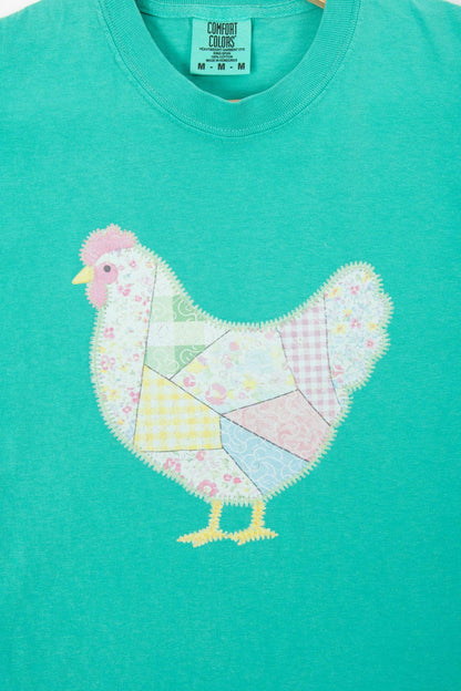 spring patchwork chicken green graphic tee