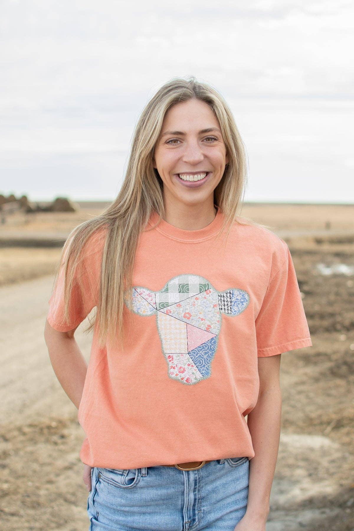 spring patchwork cow graphic tee