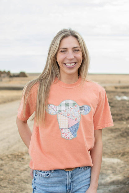 spring patchwork cow graphic tee