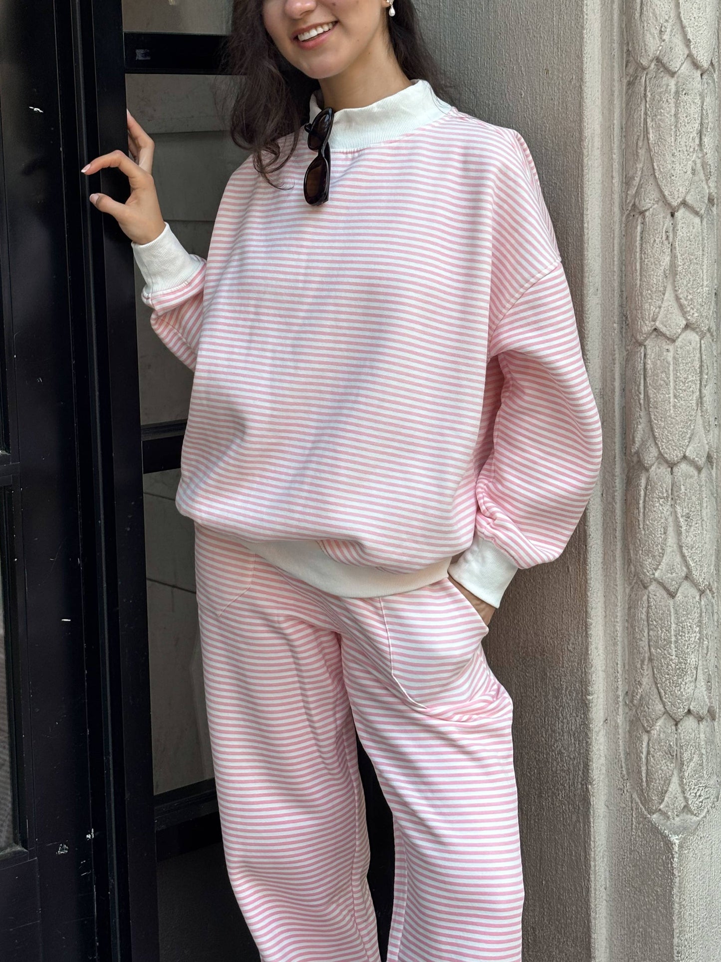 light pink + white big striped mockneck sweatshirt