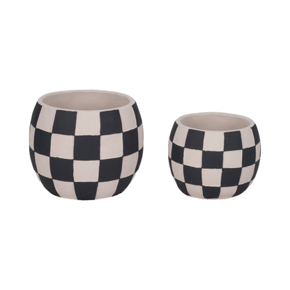 black + white pottery checkerboard rounded planter