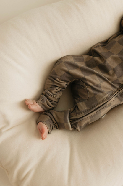 bamboo zip pajamas | faded brown checkerboard