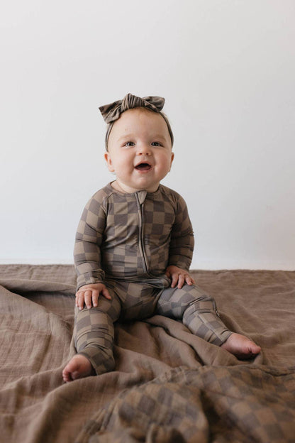 bamboo zip pajamas | faded brown checkerboard