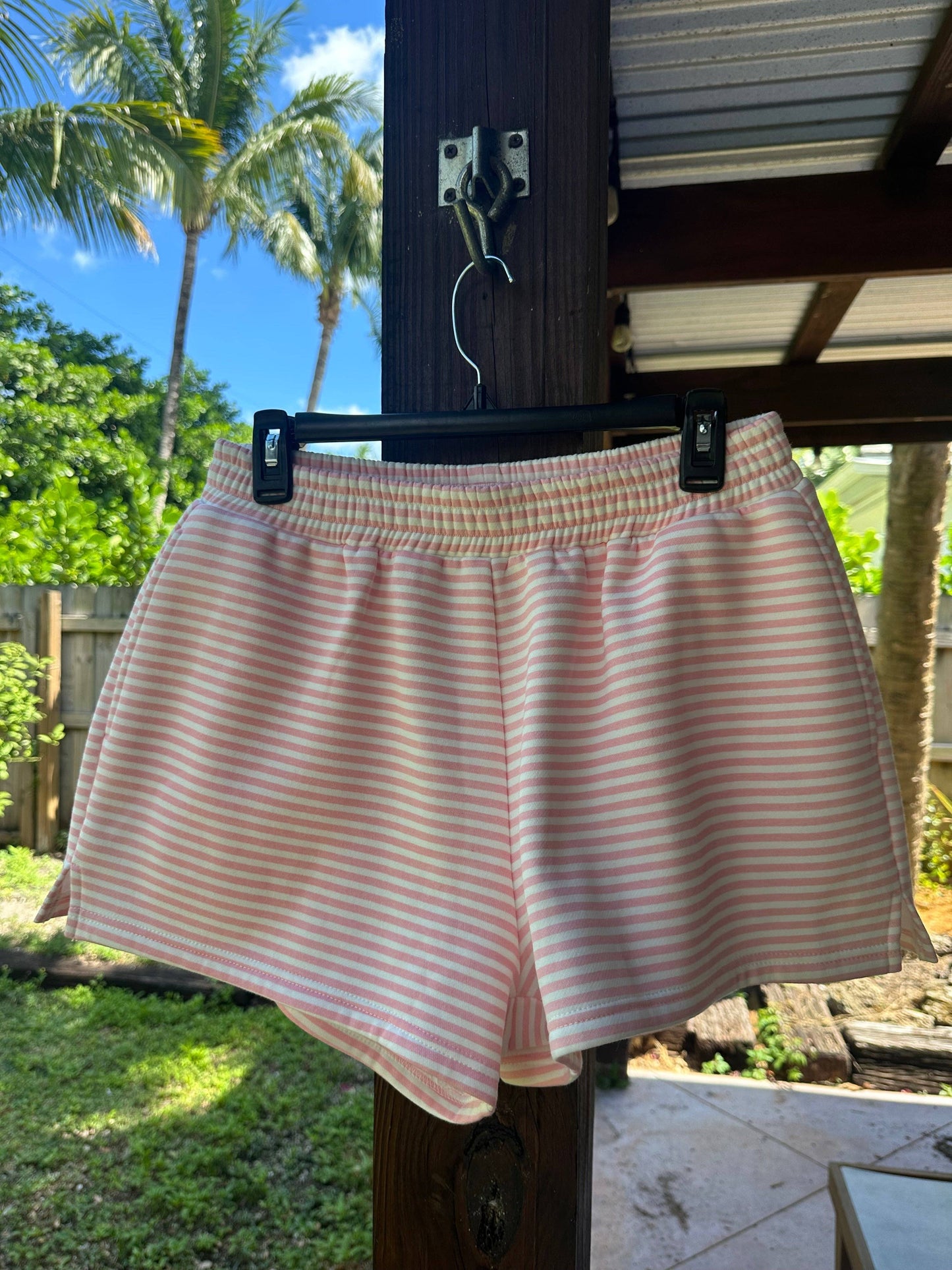 light pink + white big striped shorts