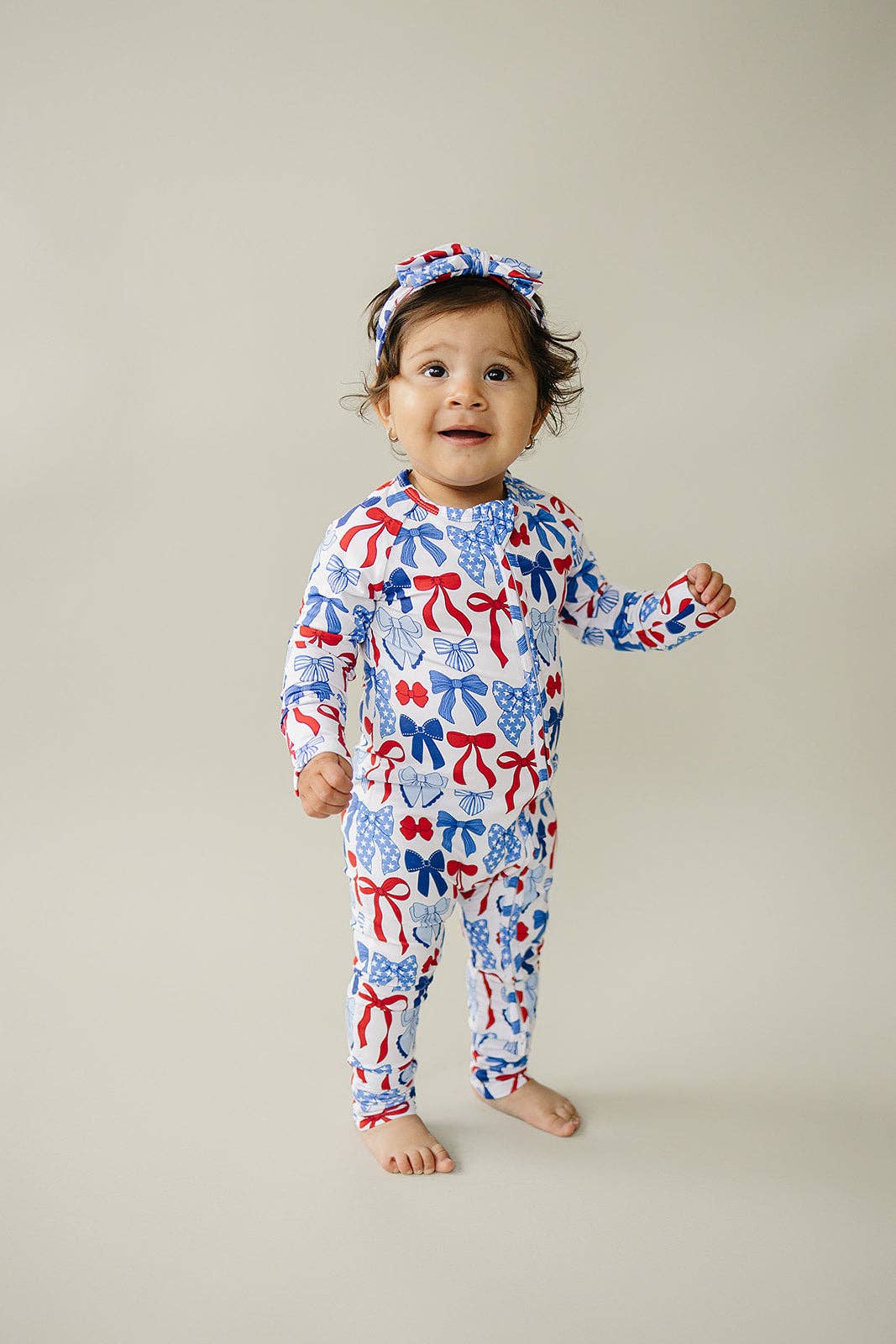 bamboo zip romper  | red-white + bows