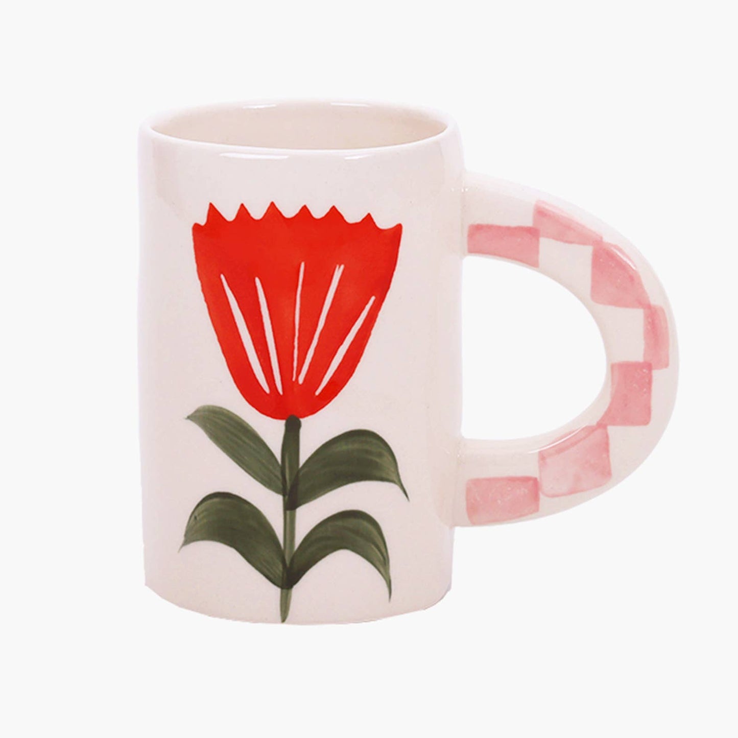 handmade red flower + pink check ceramic coffee mug