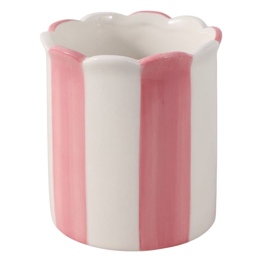 pink + ivory ceramic striped pencil cup