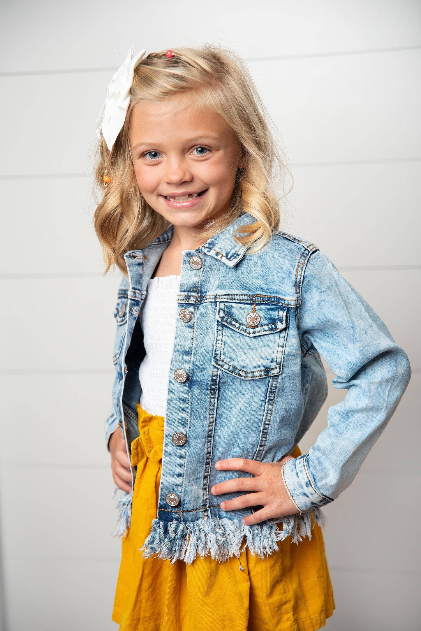 kids light wash faded denim fringe winter button jacket