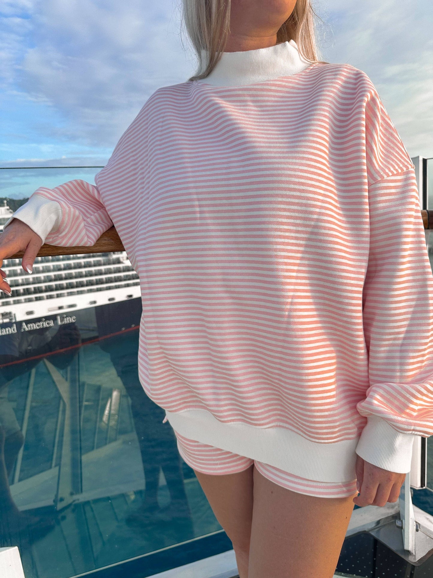 light pink + white big striped mockneck sweatshirt