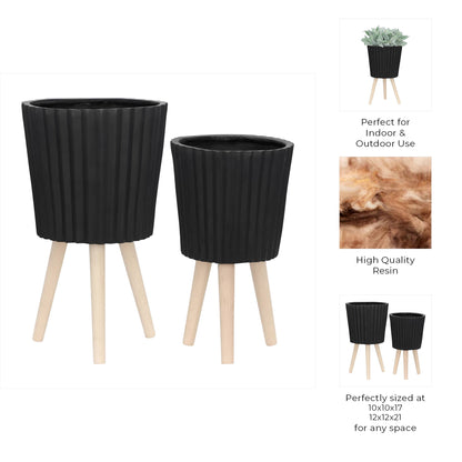 black resin w/ wood legs planter