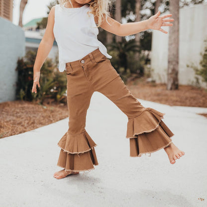kids khaki denim double ruffle pant jeans