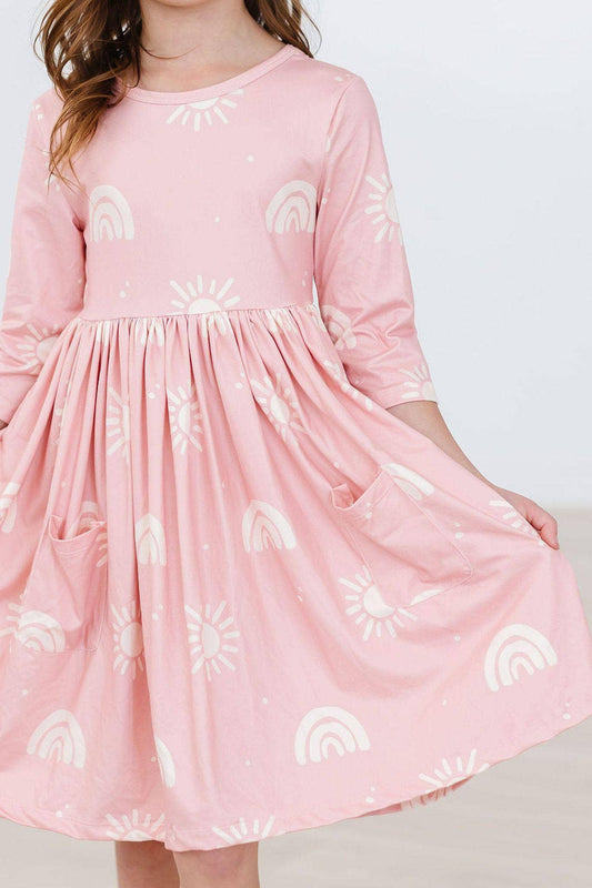 3/4 sleeve pocket twirl dress - pink suns