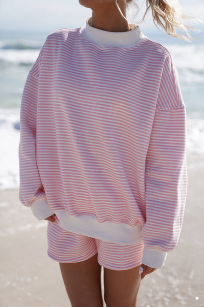 light pink + white big striped mockneck sweatshirt