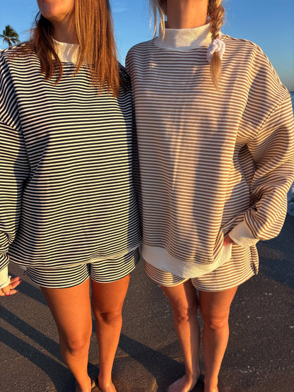brown + white big striped mockneck sweatshirt