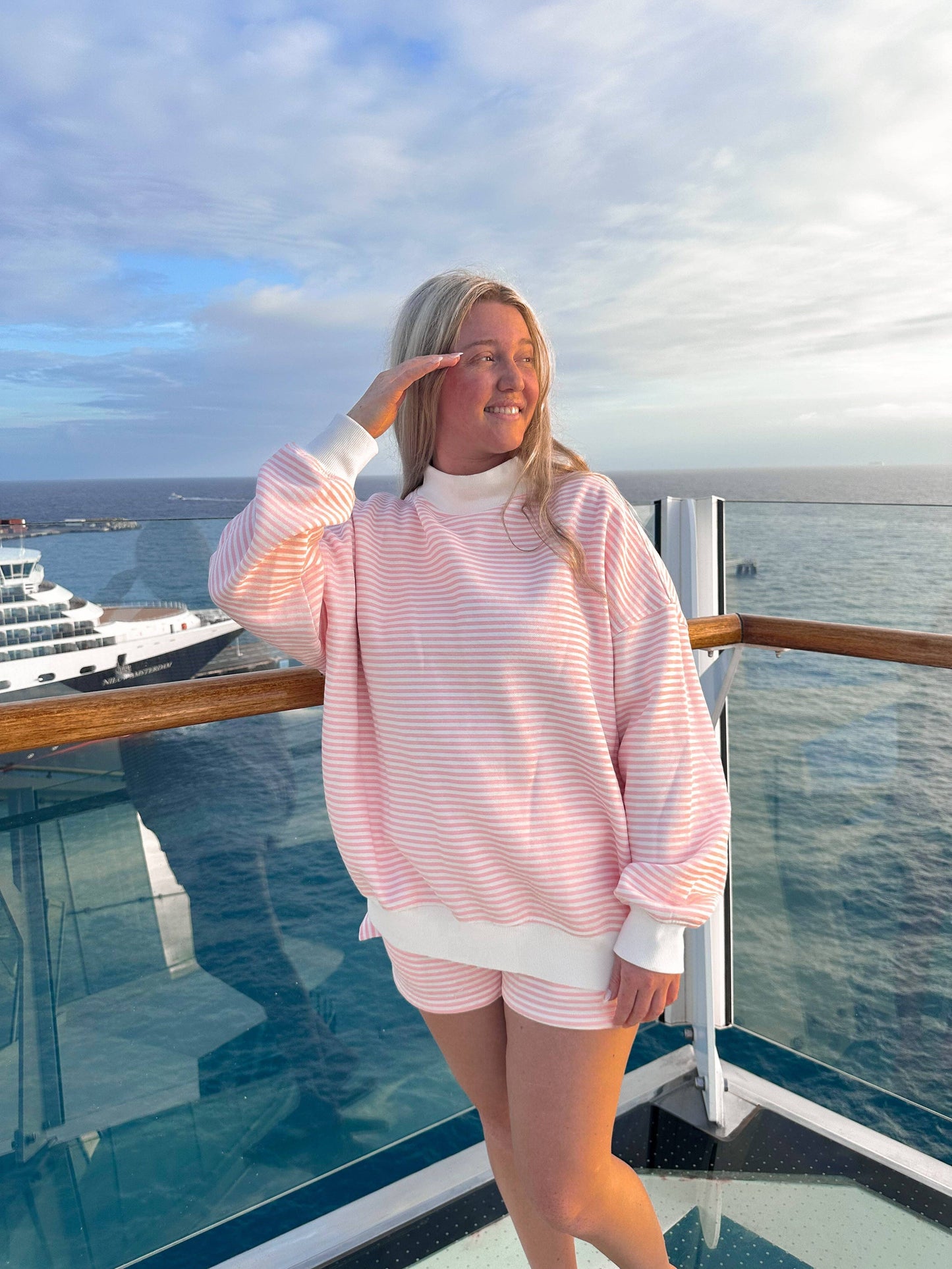 light pink + white big striped mockneck sweatshirt