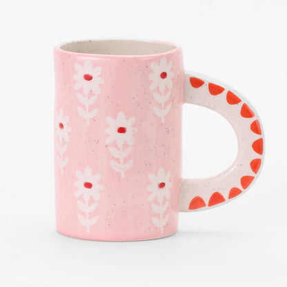 handmade pink daisy ceramic coffee mug