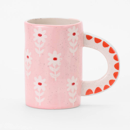 handmade pink daisy ceramic coffee mug
