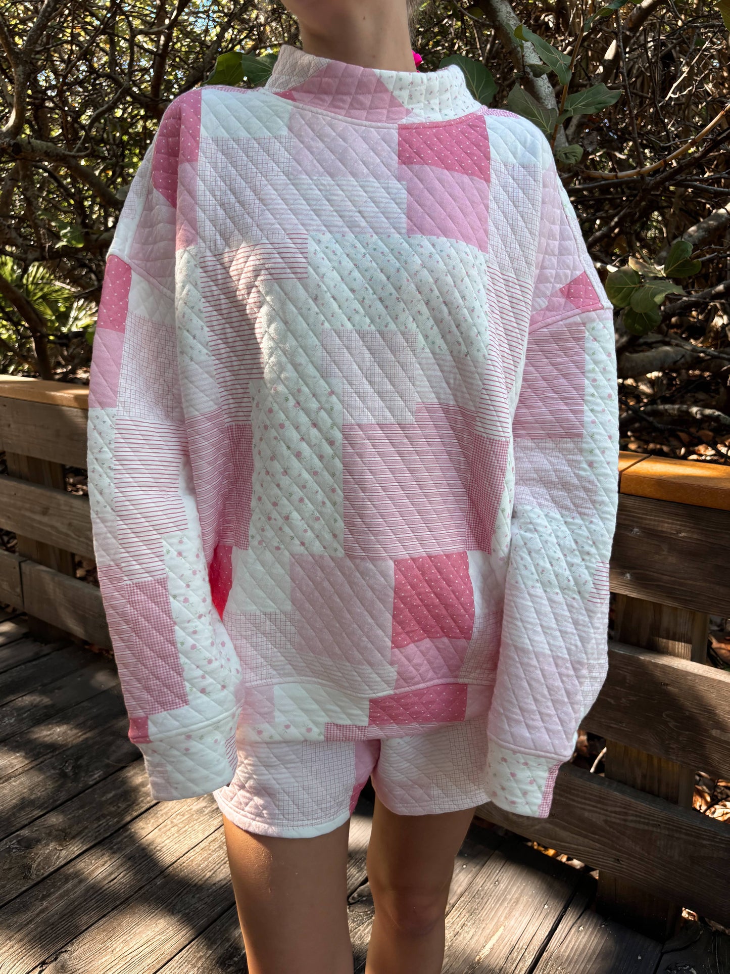margo quilted patchwork mockneck sweatshirt