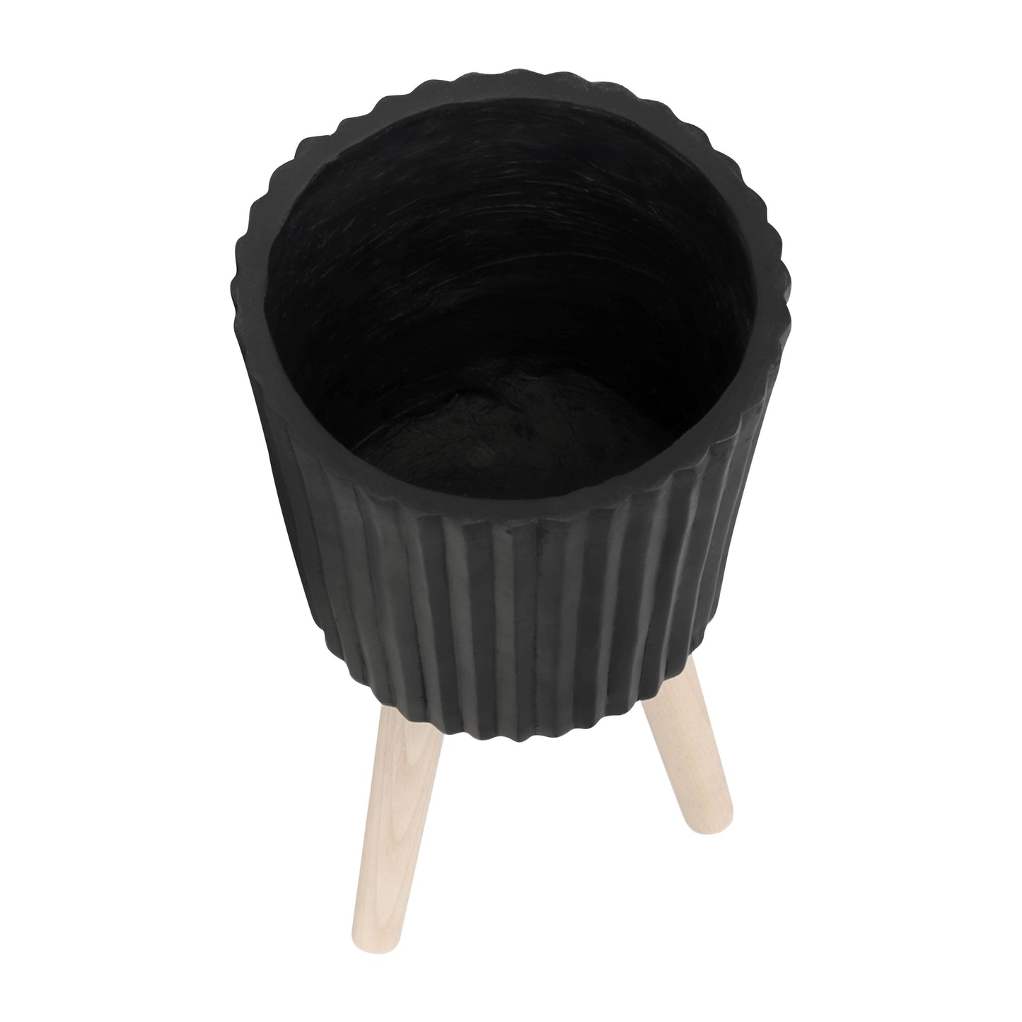 black resin w/ wood legs planter