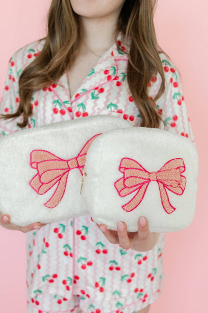 cosmetic bag with embroidered pink bow - small