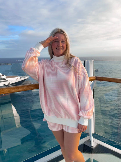 light pink + white big striped mockneck sweatshirt