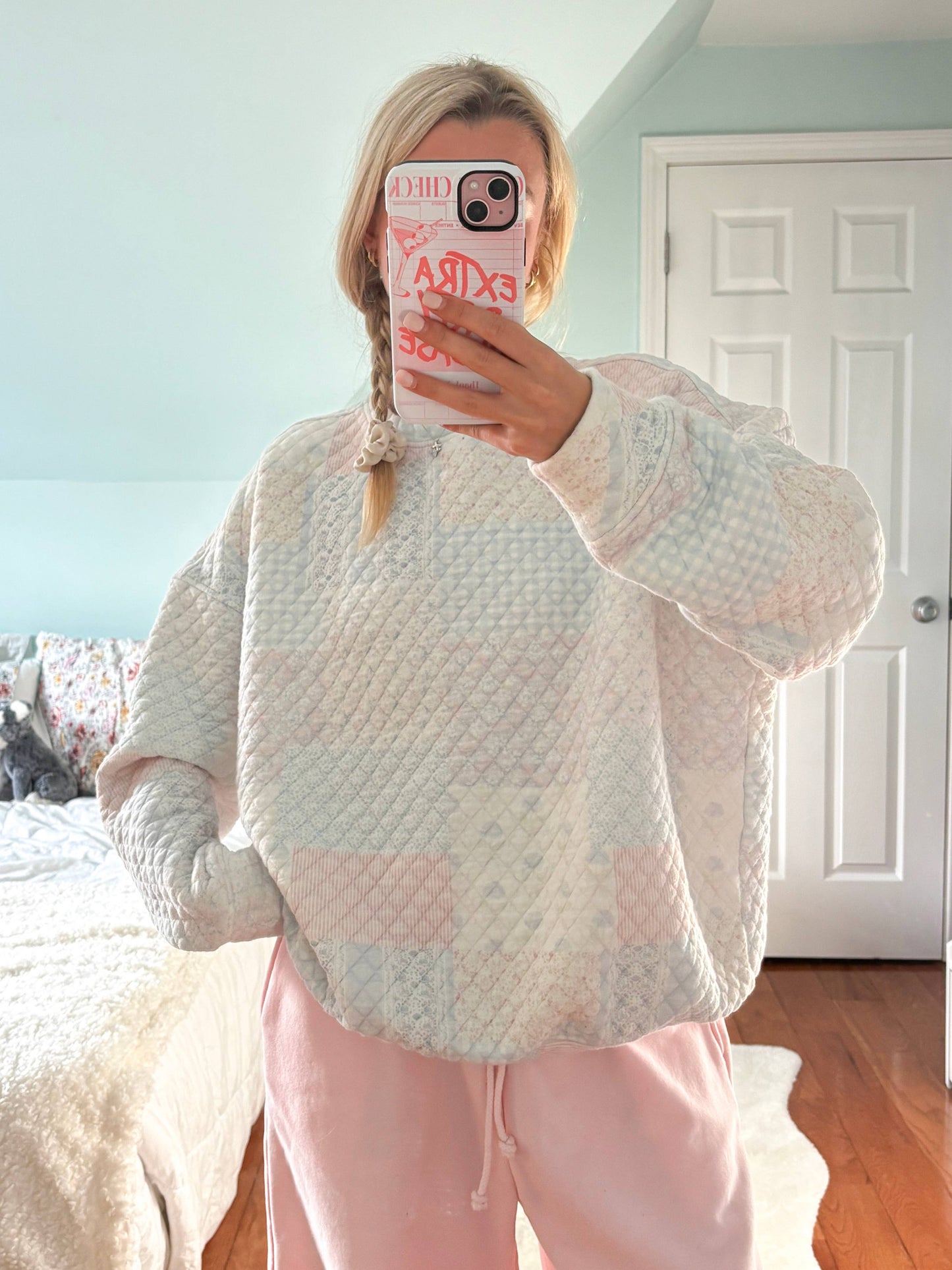 shades of blue quilted pastel mockneck sweatshirt