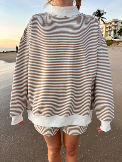 brown + white big striped mockneck sweatshirt