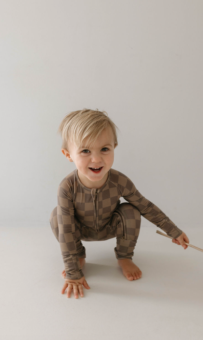 bamboo zip pajamas | faded brown checkerboard