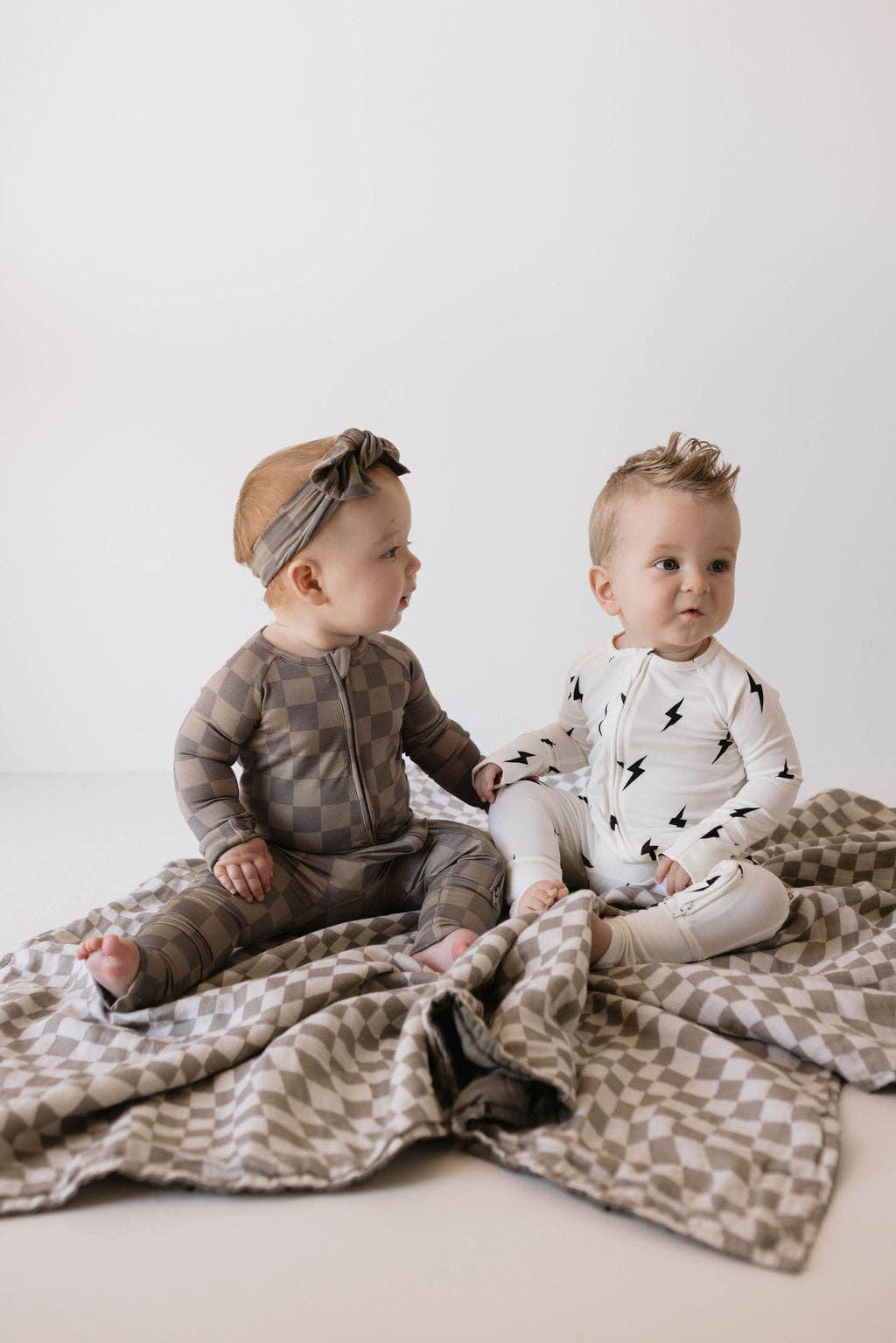 bamboo zip pajamas | faded brown checkerboard