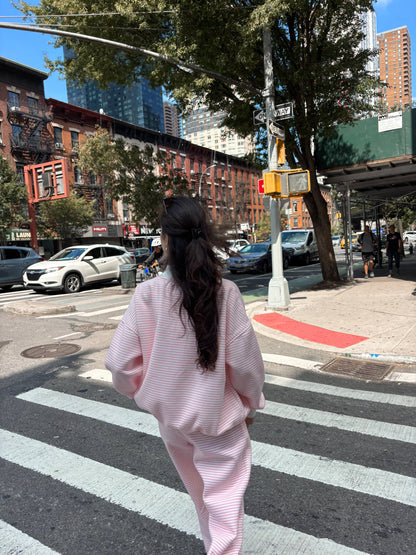 light pink + white big striped mockneck sweatshirt