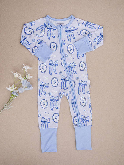 blue bow bamboo zip romper