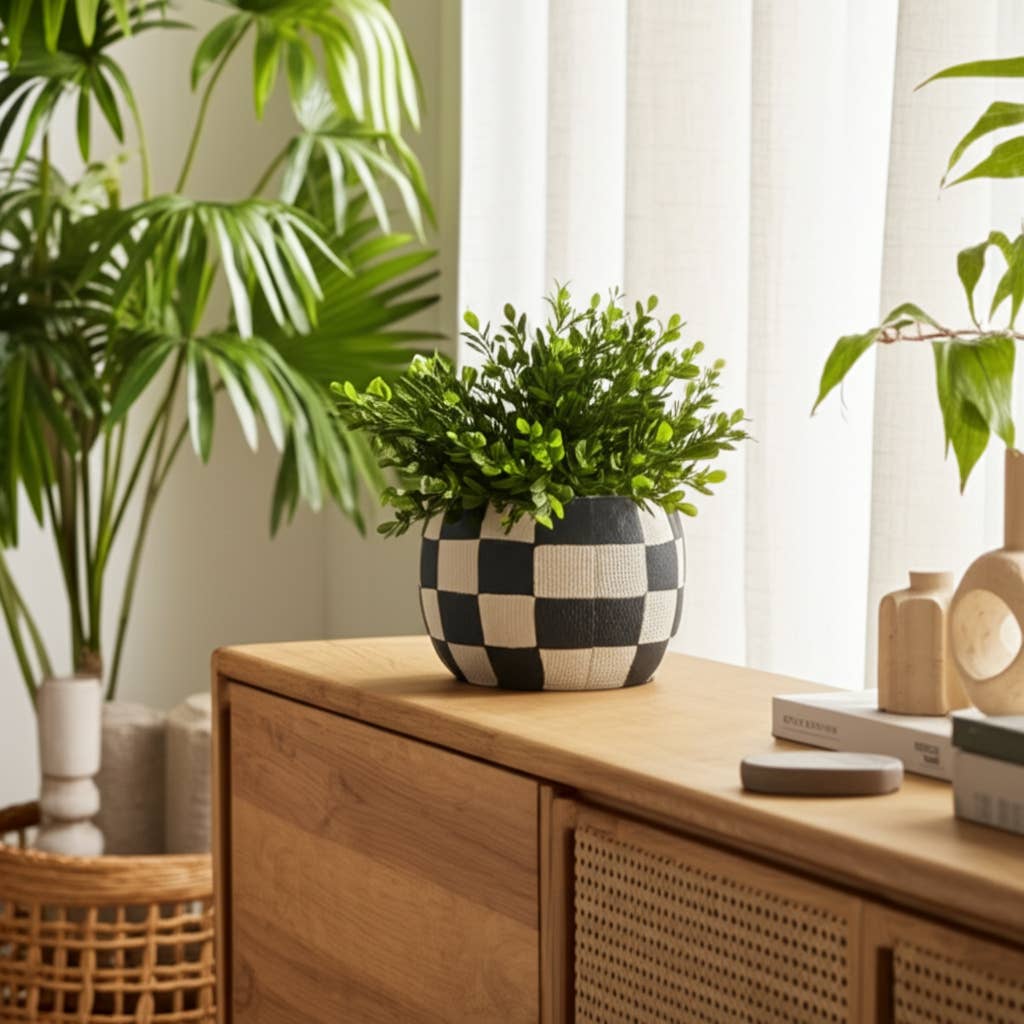 black + white pottery checkerboard rounded planter