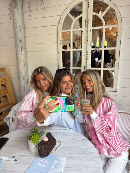 light pink + white big striped mockneck sweatshirt
