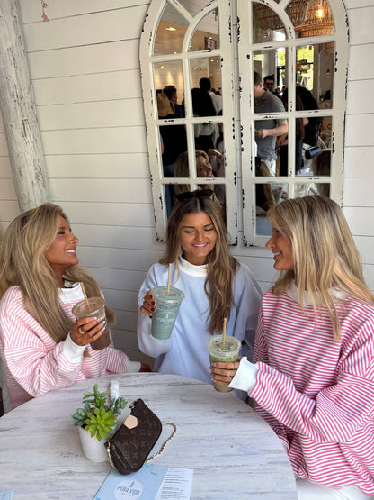 light pink + white big striped mockneck sweatshirt