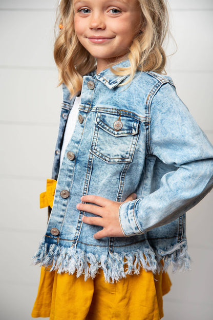 kids light wash faded denim fringe winter button jacket