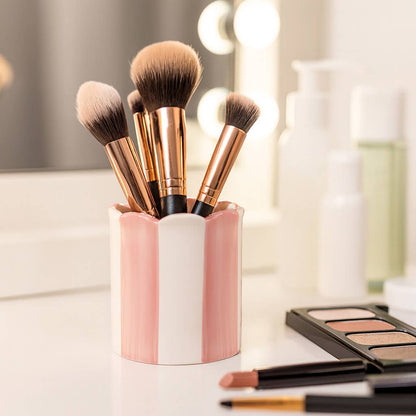 pink + ivory ceramic striped pencil cup