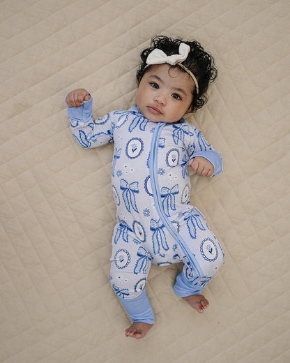 blue bow bamboo zip romper